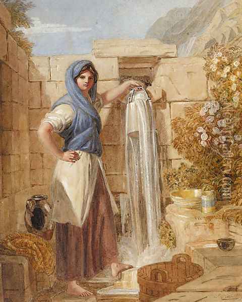 A Welsh girl at a fountain, Barmouth, Wales Oil Painting - Joshua Cristall