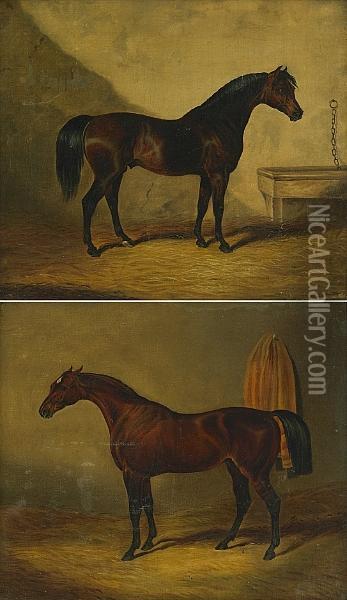 A Bay Stallion In A Stall; Also A Companion Painting (a Pair) Oil Painting - John Frederick Herring Snr