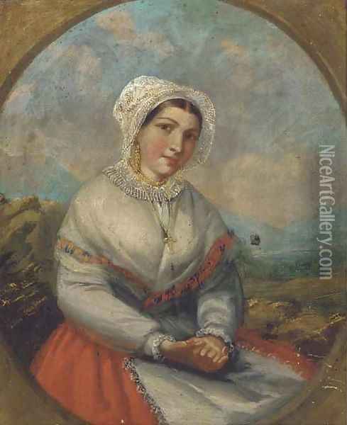 Portrait of a young maiden, seated three-quarter length, in an extensive landscape Oil Painting - English School