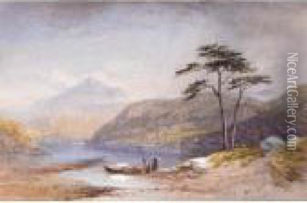 Figures By A Boat On The Shore Of Loch Lomond, Scotland Oil Painting - Thomas Leeson Rowbotham