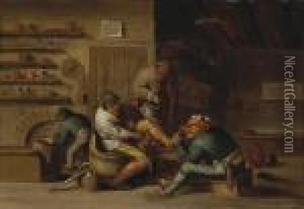 A Cottage Interior With A Foot Surgeon, His Patient And Other Figures Oil Painting - Anthonie Victoryns