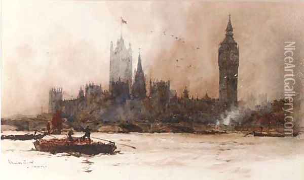 The Houses of Parliament, from the river Thames Oil Painting - Charles Edward Dixon