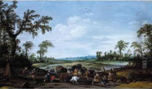 Bandits Attacking A Caravan Of Travellers Oil Painting - Esaias Van De Velde