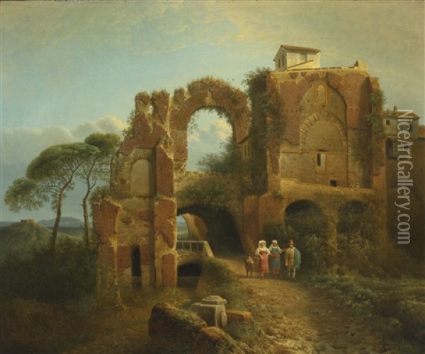 Italian Landscape With Figures And Ruins Oil Painting - Joseph Augustus Knip