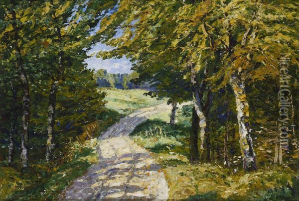 Landstrasse Im Herbstwald Oil Painting - Hugo Kreyssig