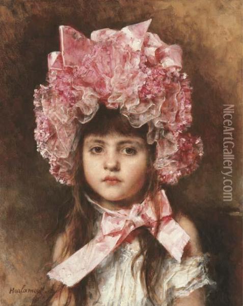 The Pink Bonnet Oil Painting - Alexei Alexeivich Harlamoff
