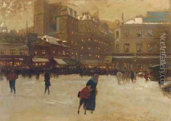 A Parisian street scene in winter Oil Painting - Luigi Loir