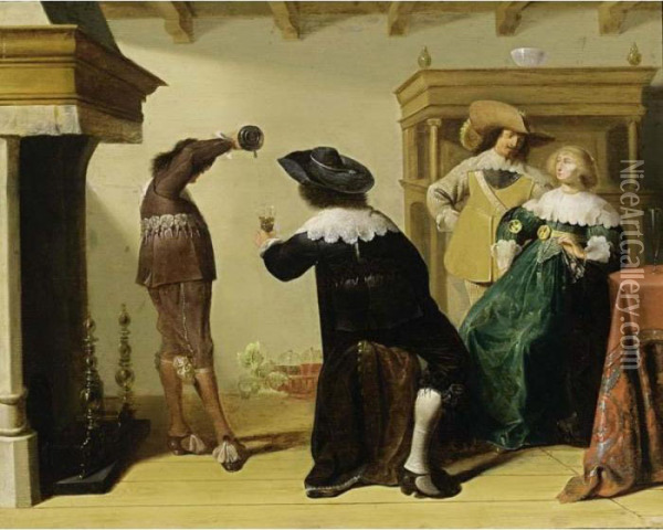 An Elegant Company Drinking Wine In An Interior Oil Painting - Pieter Harmensz Verelst