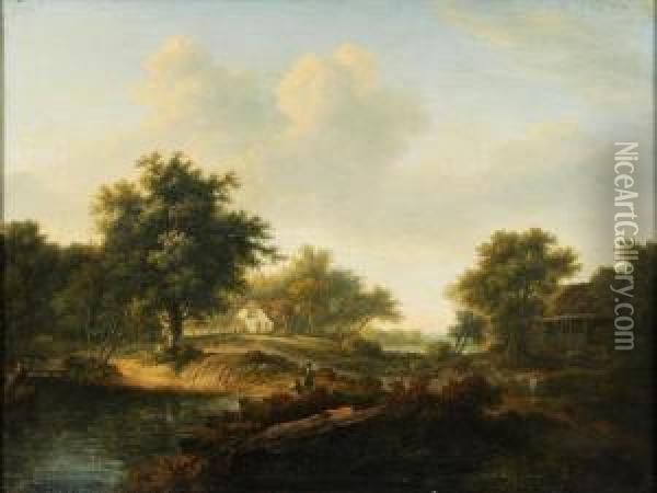 Two Fishermen By A Country Pool, A Cottage And Barns Beyond Oil Painting - John Inigo Richards