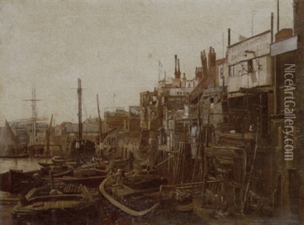 Shipping On The Thames, Duke Shaw Wharf, Limehouse Oil Painting - Edwin Wilkins Field