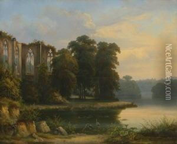 Gotische Kirchenruine In
 Abendlicher Flusslandschaft. Oil Painting - Joseph Carl Ettinger