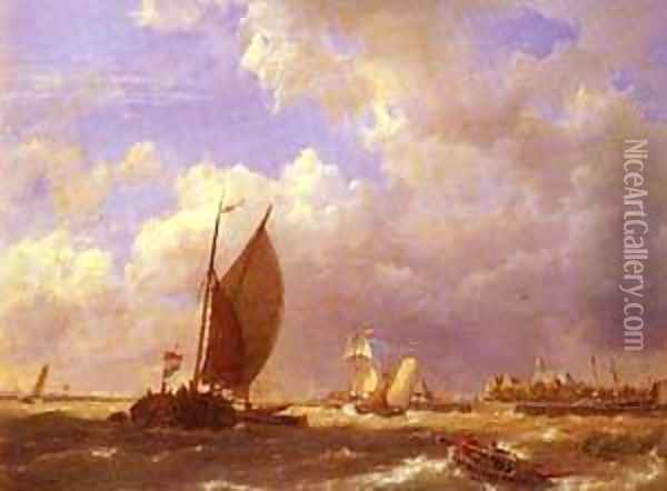 Dommelshuizen Cornelis Christiaan A Sunlit Dock Oil Painting - Barend Cornelis Koekkoek