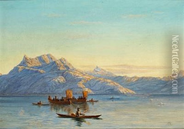 Kayaks And Umiaks On A Greenlandic Fiord Oil Painting - Carl (Jens Erik C.) Rasmussen