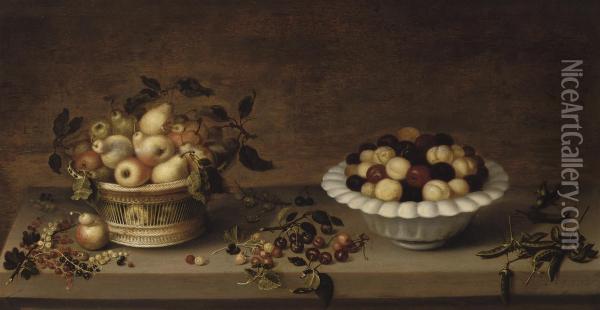 Pears In A Wicker Basket Oil Painting - Jan, Johannes Baumann