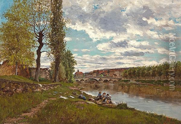 Lavandi res Au Bord Du Loing Oil Painting - Eugene Galien-Laloue
