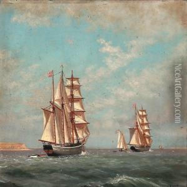 Seascape With Two Brigantines Near A Coast Oil Painting - J.E. Carl Rasmussen