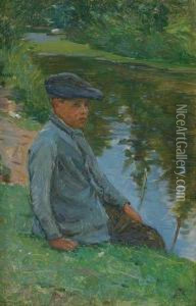 Young Boy On Riverbank Oil Painting - Frank Townsend Hutchens