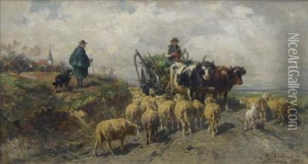 Landscape With Haywagon And Sheep Oil Painting - Adolf Chelius