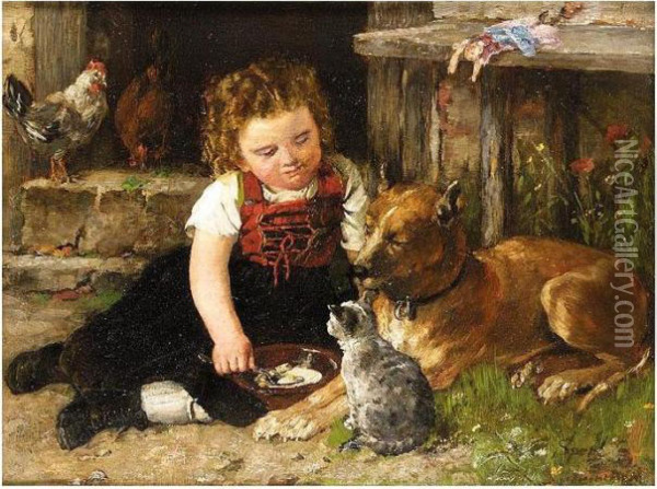 Little Girl Feeding The Animals Oil Painting - Johann Sperl