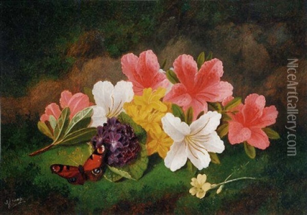 Still Life With Flowers And Butterfly Oil Painting - George Crisp