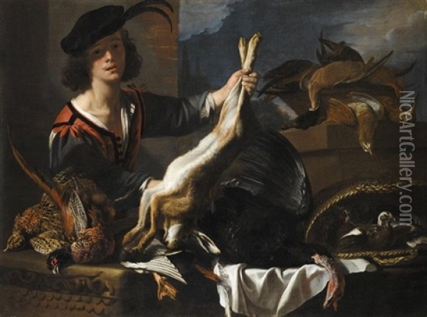 A Still Life Of Dead Game With A Young Man Holding Up A Hare Oil Painting - Jacopo (da Empoli) Chimenti