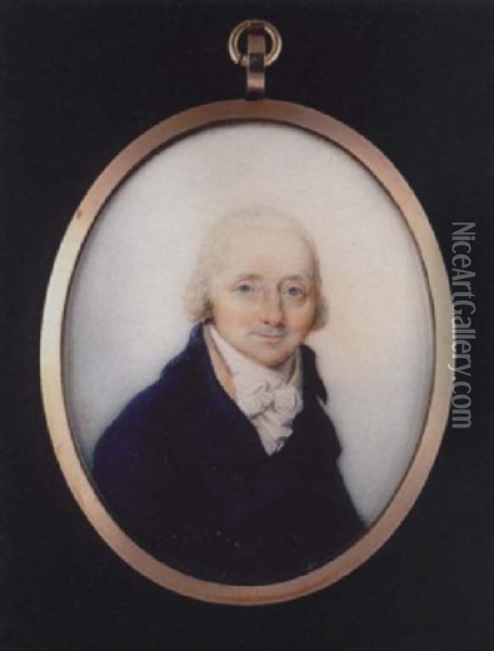 A Portrait Of An Elderly Gentleman With Short Powdered Hair, Wearing Royal Blue Coat With Cream Waistcoat And Tied White Cravat Oil Painting - Thomas Hull
