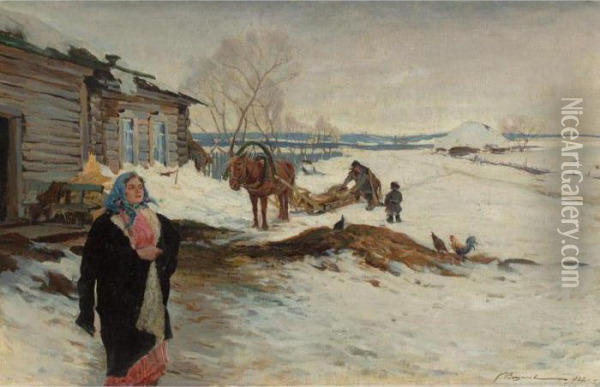Russian Village Scene Oil Painting - Constantin Alexandr. Westchiloff