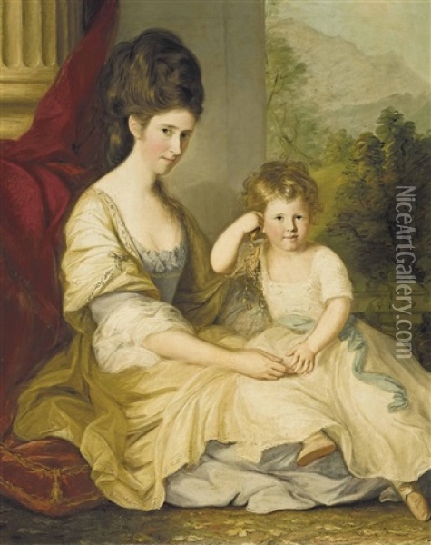 Portrait Of A Lady And Her Daughter, Traditionally Identified As Charlotte Myne (nee Pringle) And Her Daughter Susan, Full-length, In A White And Blue Dress, With Her Daughter Susan Myne, Beside A Draped Column, A Landscape Beyond Oil Painting - Thomas Hickey