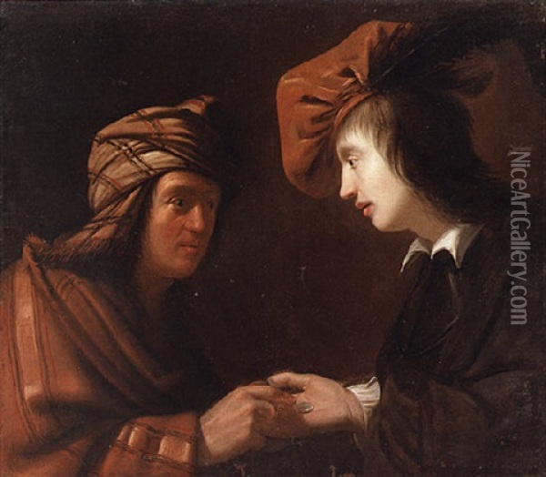 A Fortune Teller Crossing The Palm Of A Young Man Oil Painting - Gysbrecht Van Der Kuyl