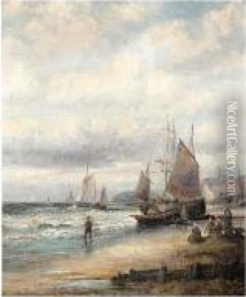 Beach Scene At Sunset; Beach Scene Oil Painting - Hubert Thornley