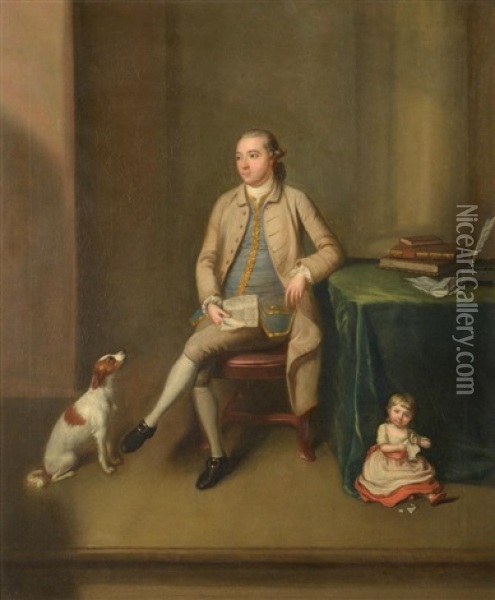 Portrait Of Sir William Gleadowe Newcomen Seated At A Table And The Hon.thomas Newcomen As A Child Oil Painting - Benjamin Wilson