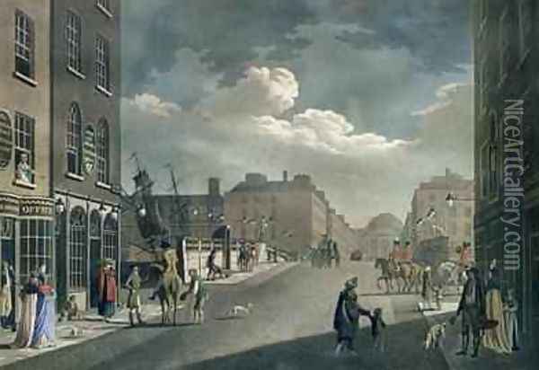 View from Capel Street looking over Essex Bridge Dublin from A set of twenty views of Dublin 1797 Oil Painting - James Malton