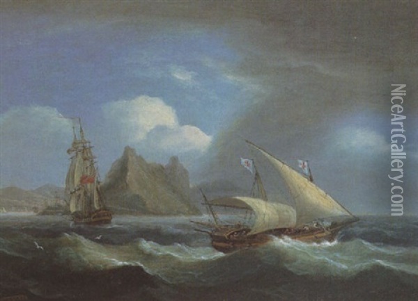 A Man-o'war And A Maltese Falucca (?) Off Gibralter Oil Painting - Thomas Luny