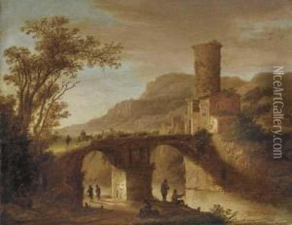 An Italianate Landscape With 
Fishermen By A River And Peasants Crossing A Bridge Leading To A Town Oil Painting - Daniel van Heil