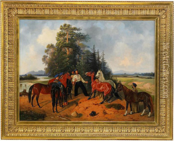 The Horse Groomers Oil Painting - Petr Nicolaevich Gruzinsky