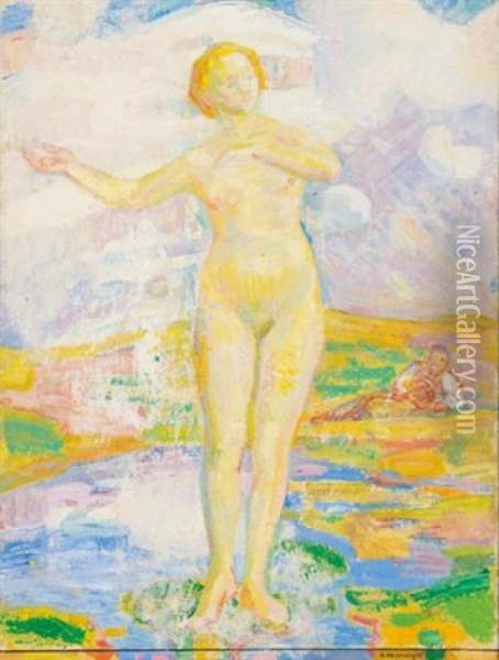 Nue Debout (standing Female Nude) Oil Painting - Jacques Elie Abraham Hermanjat