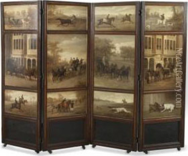 The Sporting Life: 12 Paintings Mounted As A Four Fold Screen Variously Depicting Sporting Pursuits Oil Painting - William Henry Wheelwright