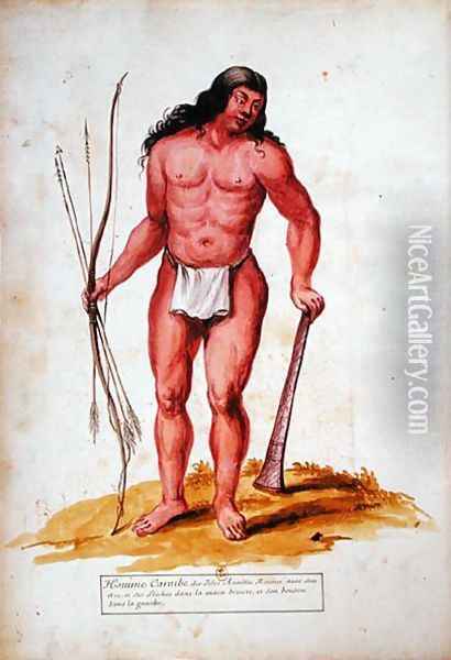 Native of the Caribbean with his weapons, from a manuscript on plants and civilization in the Antilles, c.1686 Oil Painting - Charles Plumier