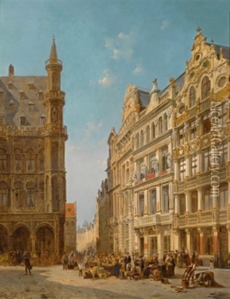 Many Figures At An Auction On The Grande Place In Brussels Oil Painting - Jacques Francois Carabain