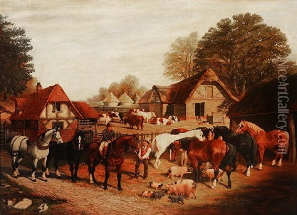 A Busy Farmyard Scene With Figures, Horses, Cattle, Pigs, Ducks And Buildings Oil Painting - Samuel Joseph Clark