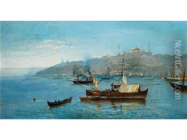 A Misty Morning - The Mosque Santa Sofia & Golden Horn, Constantinople Oil Painting - Paul H. Ellis