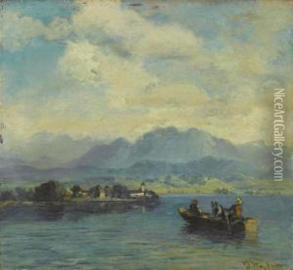 View Over The Fraueninsel, Chiemsee. Oil Painting - Josef Wopfner