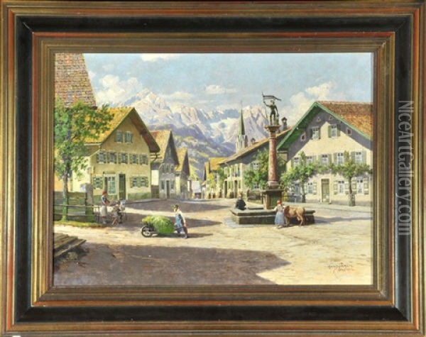 Floriansplatz In Garmisch-partenkirchen Mit Alp- Und Zugspitze Oil Painting - Hans Frahm