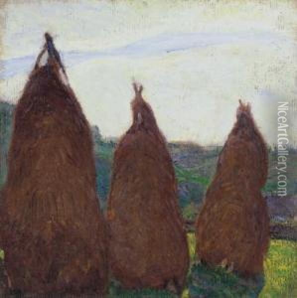 Three Haystacks Oil Painting - Simon Hollosy