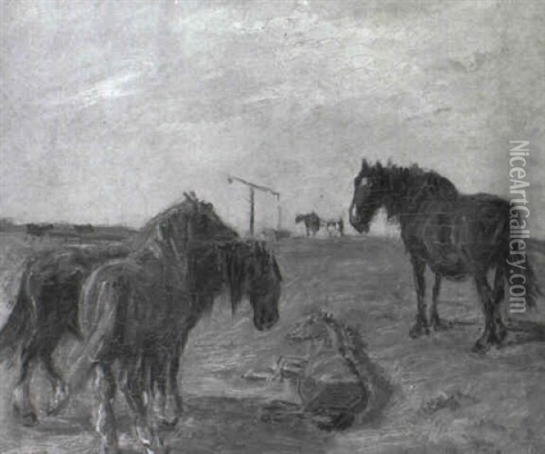 En Gruppe Heste Ved Gammelg+rds Br+nd Oil Painting - Theodor Philipsen