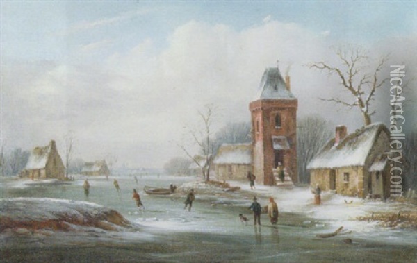 Skaters On A Frozen Pond Oil Painting - Van Zeebroeck