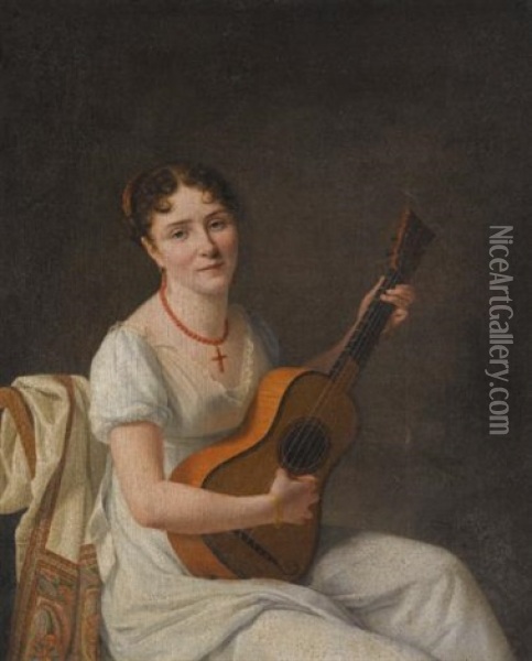 Portrait Of A Lady, Seated In An Interior, Wearing A White Dress And Playing The Guitar Oil Painting - Francois-Xavier Fabre