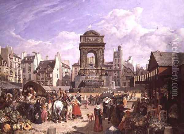 The Market and Fountain of the Innocents, Paris, 1823 Oil Painting - John James Chalon