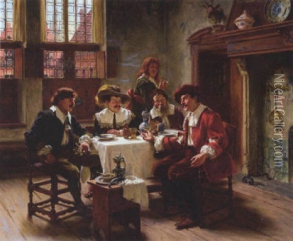 A Jovial Round Of Men In A Tavern Oil Painting - Albert Friedrich Schroeder