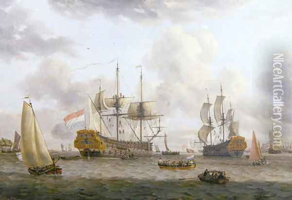 Dutch Shipping Scene in a Wide Estuary Oil Painting - Abraham Storck